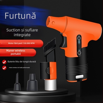 Ventilator de mână portabil cu funcție de suflare și aspirație, motor brushless, palete metalice (5), baterie Li-ion încorporată 2000–4000 mAh, USB alimentare, 3 trepte de viteză, 200 g, zgomot redus (<36 dB)