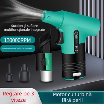Ventilator de mână portabil cu funcție de suflare și aspirație, motor brushless, palete metalice (5), baterie Li-ion încorporată 2000–4000 mAh, USB alimentare, 3 trepte de viteză, 200 g, zgomot redus (<36 dB)