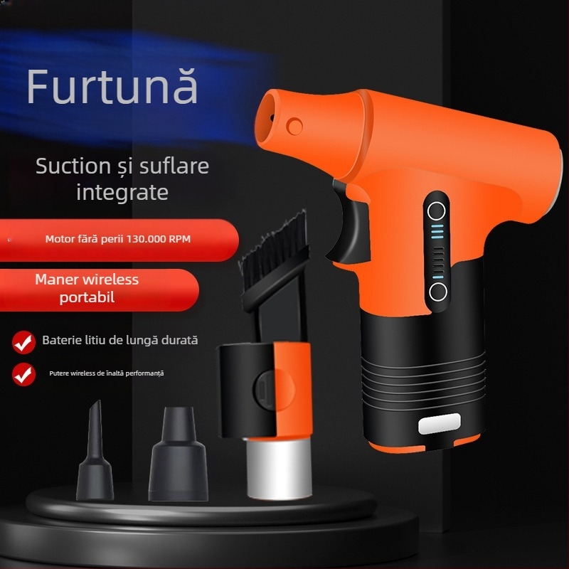 Ventilator de mână portabil cu funcție de suflare și aspirație, motor brushless, palete metalice (5), baterie Li-ion încorporată 2000–4000 mAh, USB alimentare, 3 trepte de viteză, 200 g, zgomot redus (<36 dB)