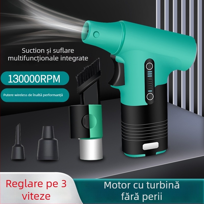 Ventilator de mână portabil cu funcție de suflare și aspirație, motor brushless, palete metalice (5), baterie Li-ion încorporată 2000–4000 mAh, USB alimentare, 3 trepte de viteză, 200 g, zgomot redus (<36 dB)