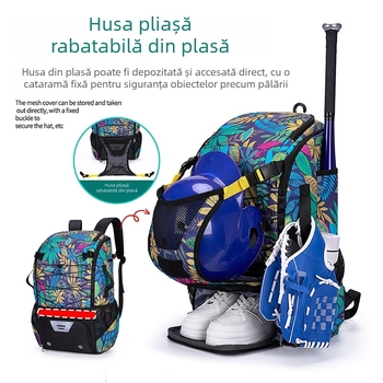 Rucsac sport Baseball cu model floral, material Oxford, impermeabil, rezistent la uzură, curele cu pernă de aer