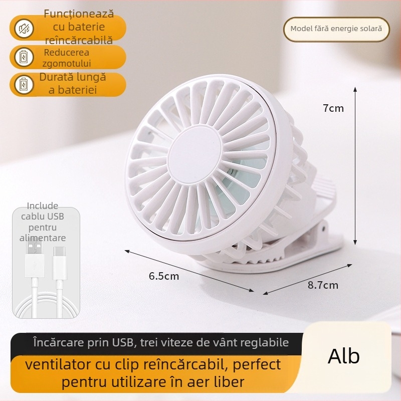 Ventilator USB portabil cu baterie încorporată de 300-500 mAh, cu clemă, 6 trepte de viteză, zgomot 45-50 dB, autonomie 3-6 ore