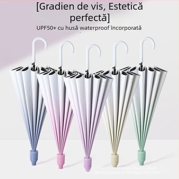 Umbrelă automată cu 16 spițe, mâner lung, pânză din vinil gradat, protecție UV UPF 50+, impermeabilă, imprimare logo pentru publicitate