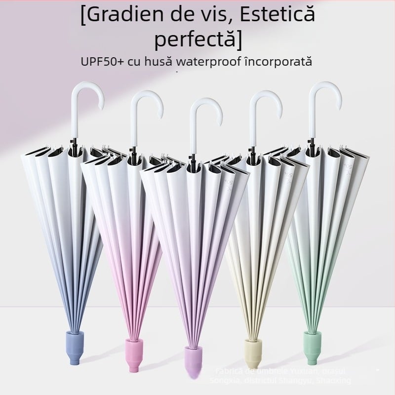 Umbrelă automată cu 16 spițe, mâner lung, pânză din vinil gradat, protecție UV UPF 50+, impermeabilă, imprimare logo pentru publicitate