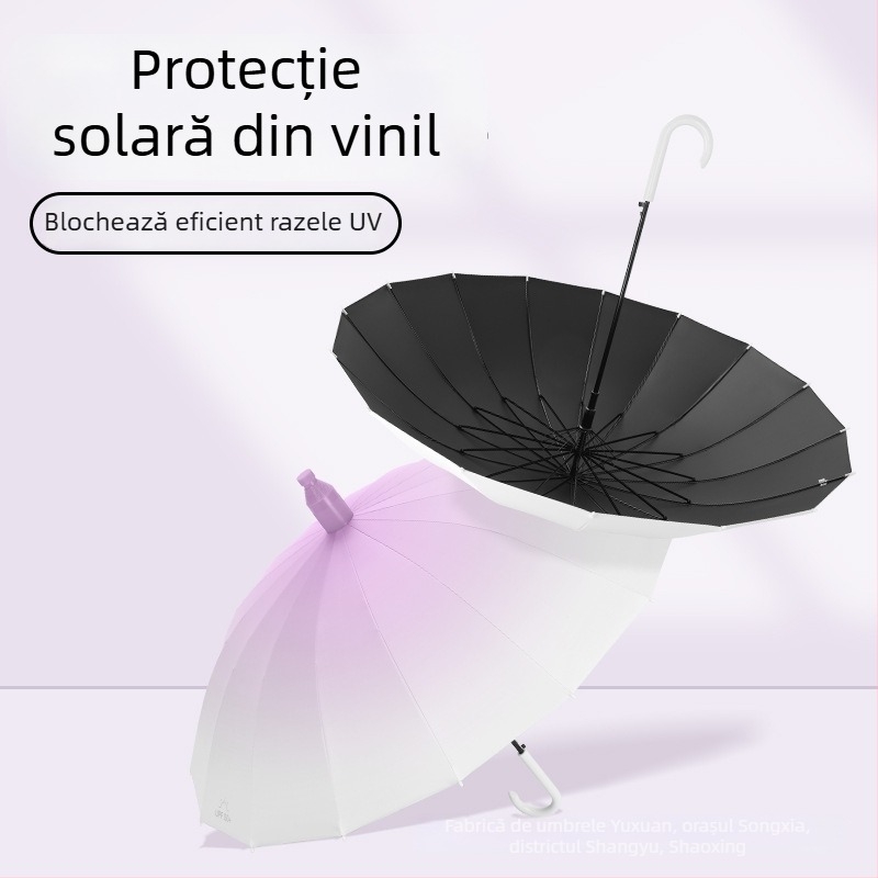 Umbrelă automată cu 16 spițe, mâner lung, pânză din vinil gradat, protecție UV UPF 50+, impermeabilă, imprimare logo pentru publicitate
