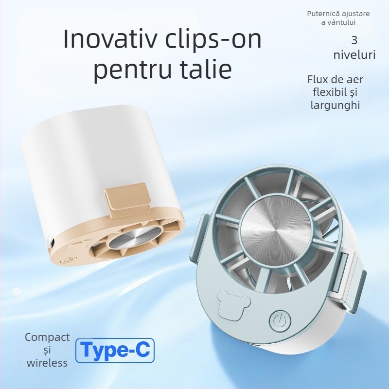 Ventilator talie USB – mini, cu 3 palete, 3 trepte, baterie încorporată 800–1000 mAh, carcasă ABS