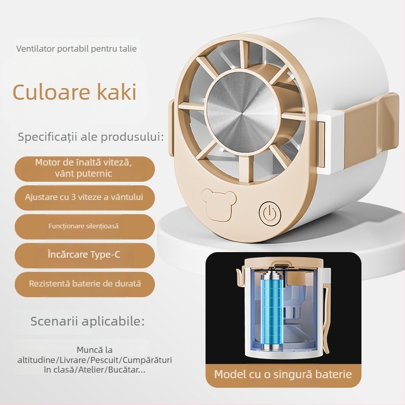 Ventilator talie USB – mini, cu 3 palete, 3 trepte, baterie încorporată 800–1000 mAh, carcasă ABS