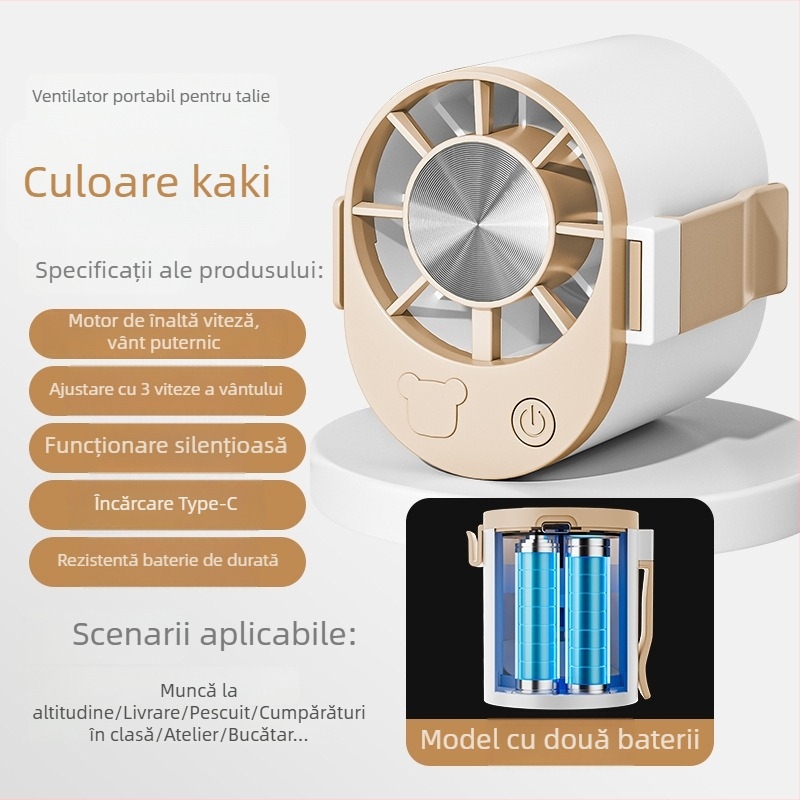 Ventilator talie USB – mini, cu 3 palete, 3 trepte, baterie încorporată 800–1000 mAh, carcasă ABS