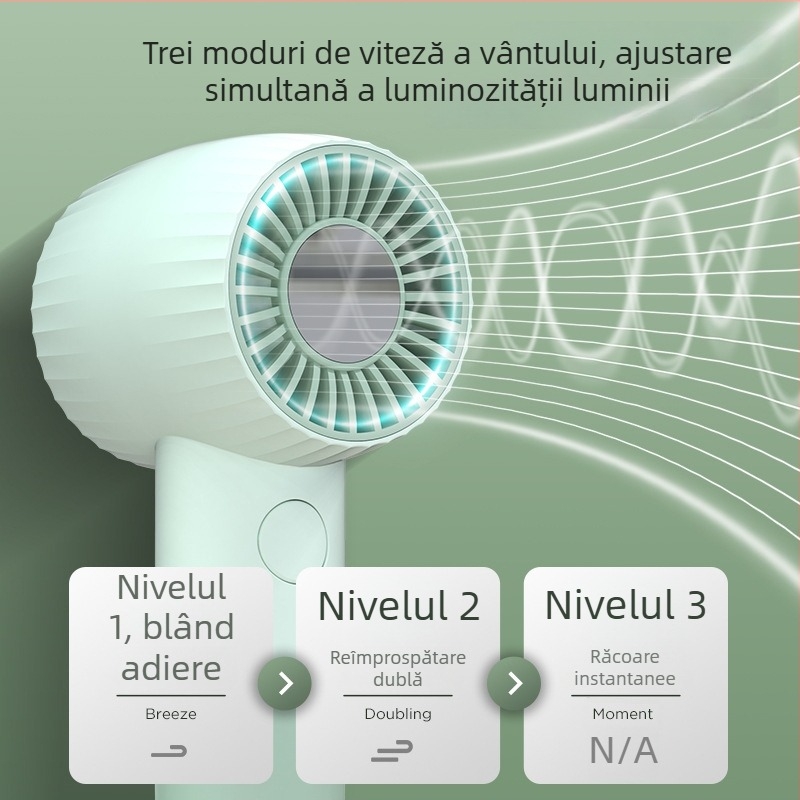 Ventilator USB pentru birou cu control prin aplicație, 3 viteze, baterie încorporată, portabil, zgomot 36–45 dB