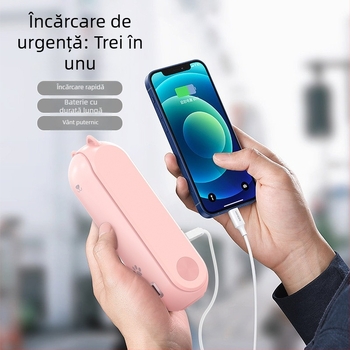 Ventilator USB de mână cu motor brushless, baterie încorporată 4000–6000mAh, 3 trepte de viteză, 5V, autonomie 12h