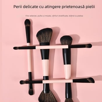 Set de 8 pensule de machiaj cu capete duble, fibre sintetice, mânere din lemn, în husă pentru pensule