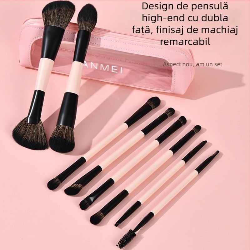 Set de 8 pensule de machiaj cu capete duble, fibre sintetice, mânere din lemn, în husă pentru pensule