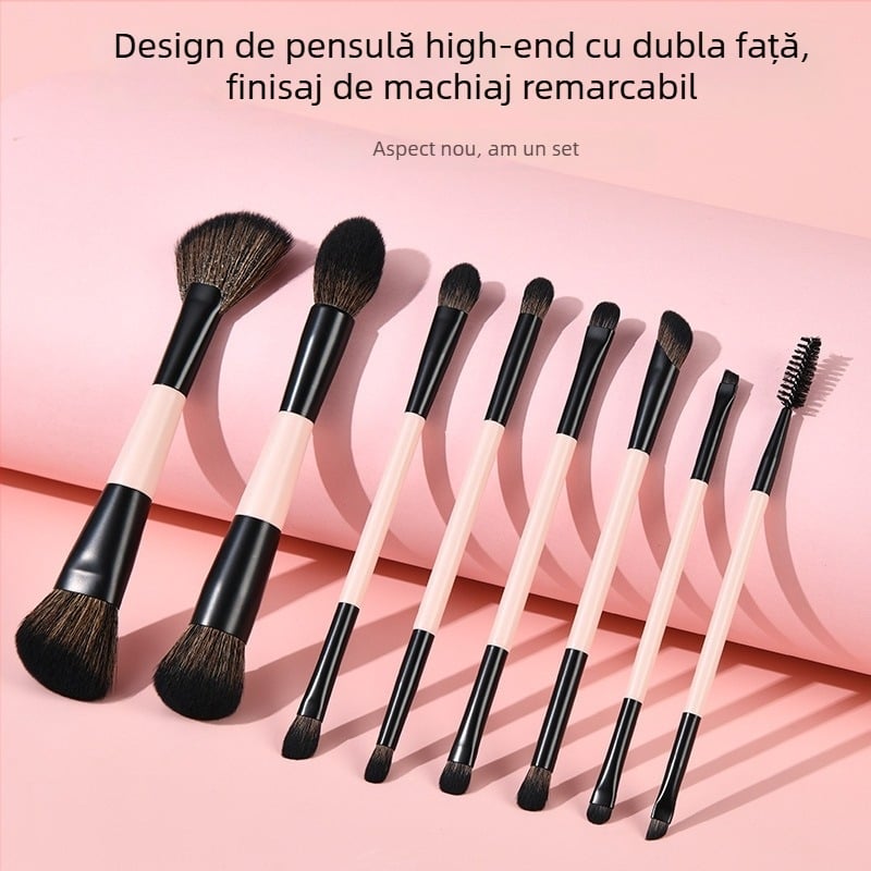 Set de 8 pensule de machiaj cu capete duble, fibre sintetice, mânere din lemn, în husă pentru pensule