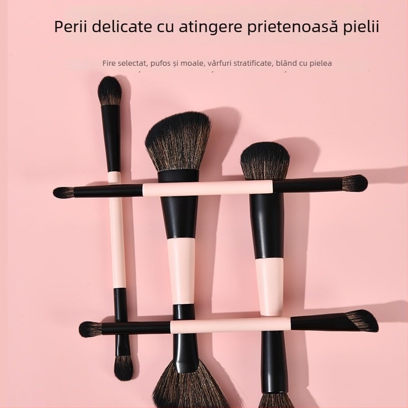 Set de 8 pensule de machiaj cu capete duble, fibre sintetice, mânere din lemn, în husă pentru pensule