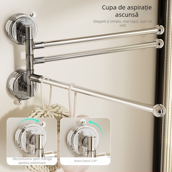 Suport pentru prosoape în colțul băii, cu ventuză, rotativ, cu mai multe tije, din plastic (Stocare; Origine Ningbo)