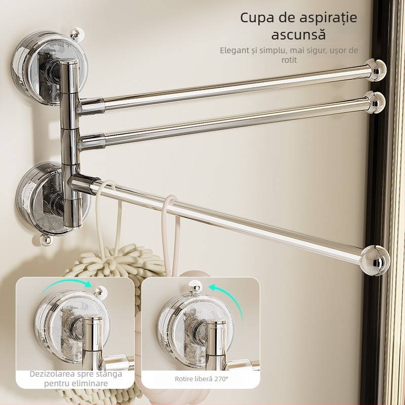 Suport pentru prosoape în colțul băii, cu ventuză, rotativ, cu mai multe tije, din plastic (Stocare; Origine Ningbo)