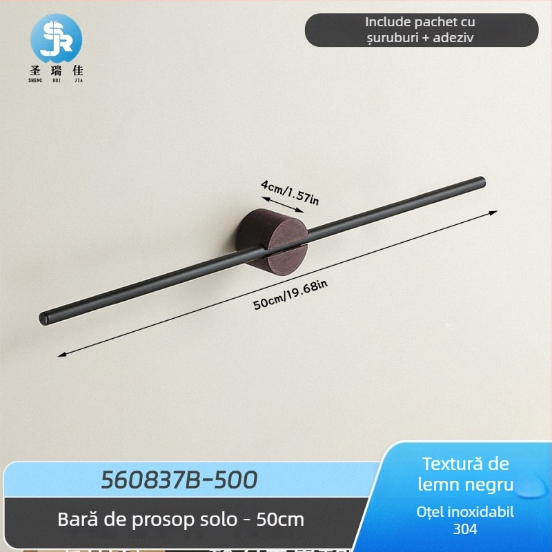 Bară de prosoape pentru perete, din oțel inoxidabil 304, dintr-o singură bară, montaj fără găuri, încărcare 3 kg, anti-derapare, antibacterian, rezistent la ruginire