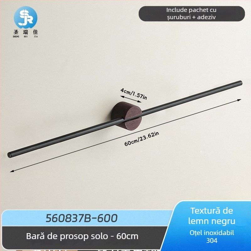 Bară de prosoape pentru perete, din oțel inoxidabil 304, dintr-o singură bară, montaj fără găuri, încărcare 3 kg, anti-derapare, antibacterian, rezistent la ruginire