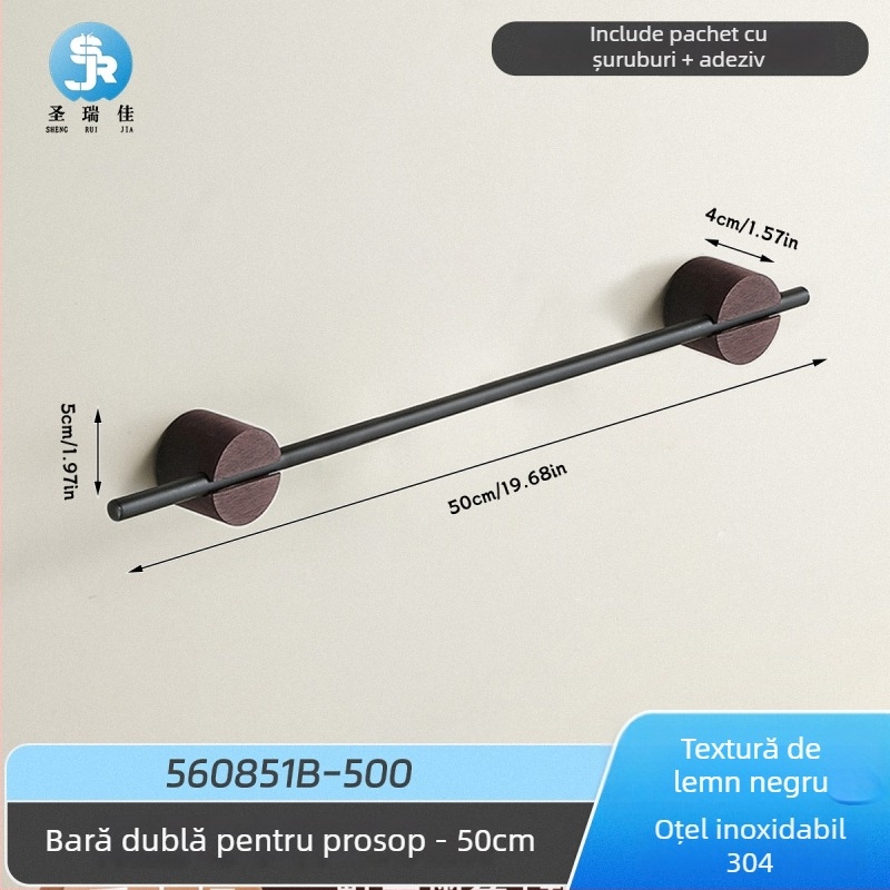 Bară de prosoape pentru perete, din oțel inoxidabil 304, dintr-o singură bară, montaj fără găuri, încărcare 3 kg, anti-derapare, antibacterian, rezistent la ruginire