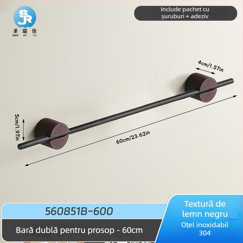 Bară de prosoape pentru perete, din oțel inoxidabil 304, dintr-o singură bară, montaj fără găuri, încărcare 3 kg, anti-derapare, antibacterian, rezistent la ruginire