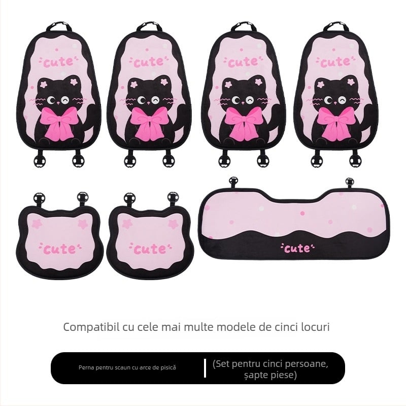 Perne pentru scaun auto – stil plat, design cu fundă și pisicuță, umplutură din burete, suprafață pluș, marcă Yu cen