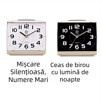 Ceas de birou K10 – alarmă silențioasă, cifre mari și iluminare de noapte, alimentat cu baterii, cu față unică, carcasă din plastic