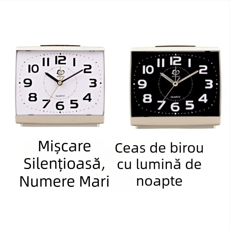 Ceas de birou K10 – alarmă silențioasă, cifre mari și iluminare de noapte, alimentat cu baterii, cu față unică, carcasă din plastic