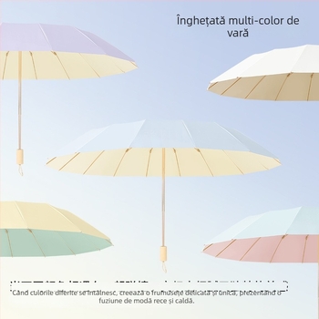 Umbrelă de soare cu 16 nervuri, rezistentă la vânt, design pliabil tri-fold, cadru din aluminiu, tijă din aliaj, mâner din lemn, țesătură 210T cu acoperire Color Glue, UPF 50+, deschidere/închidere manuală