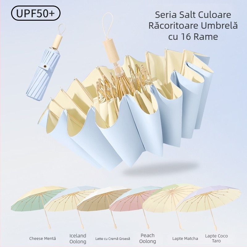 Umbrelă de soare cu 16 nervuri, rezistentă la vânt, design pliabil tri-fold, cadru din aluminiu, tijă din aliaj, mâner din lemn, țesătură 210T cu acoperire Color Glue, UPF 50+, deschidere/închidere manuală