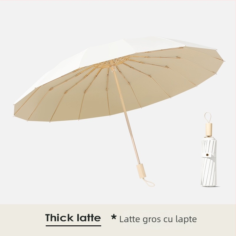 Umbrelă de soare cu 16 nervuri, rezistentă la vânt, design pliabil tri-fold, cadru din aluminiu, tijă din aliaj, mâner din lemn, țesătură 210T cu acoperire Color Glue, UPF 50+, deschidere/închidere manuală