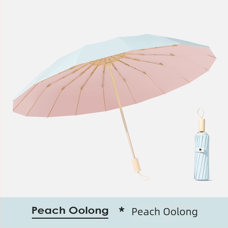 Umbrelă de soare cu 16 nervuri, rezistentă la vânt, design pliabil tri-fold, cadru din aluminiu, tijă din aliaj, mâner din lemn, țesătură 210T cu acoperire Color Glue, UPF 50+, deschidere/închidere manuală