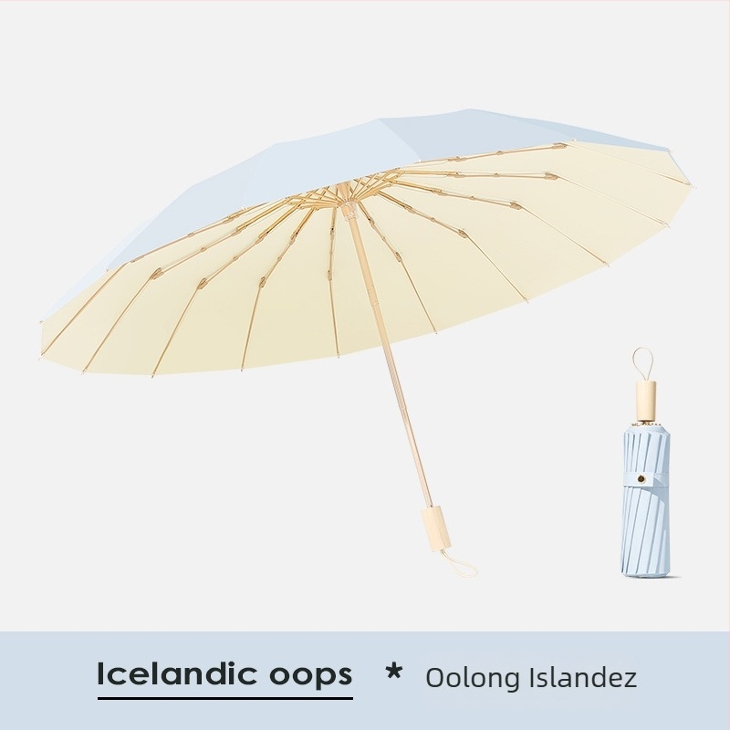 Umbrelă de soare cu 16 nervuri, rezistentă la vânt, design pliabil tri-fold, cadru din aluminiu, tijă din aliaj, mâner din lemn, țesătură 210T cu acoperire Color Glue, UPF 50+, deschidere/închidere manuală