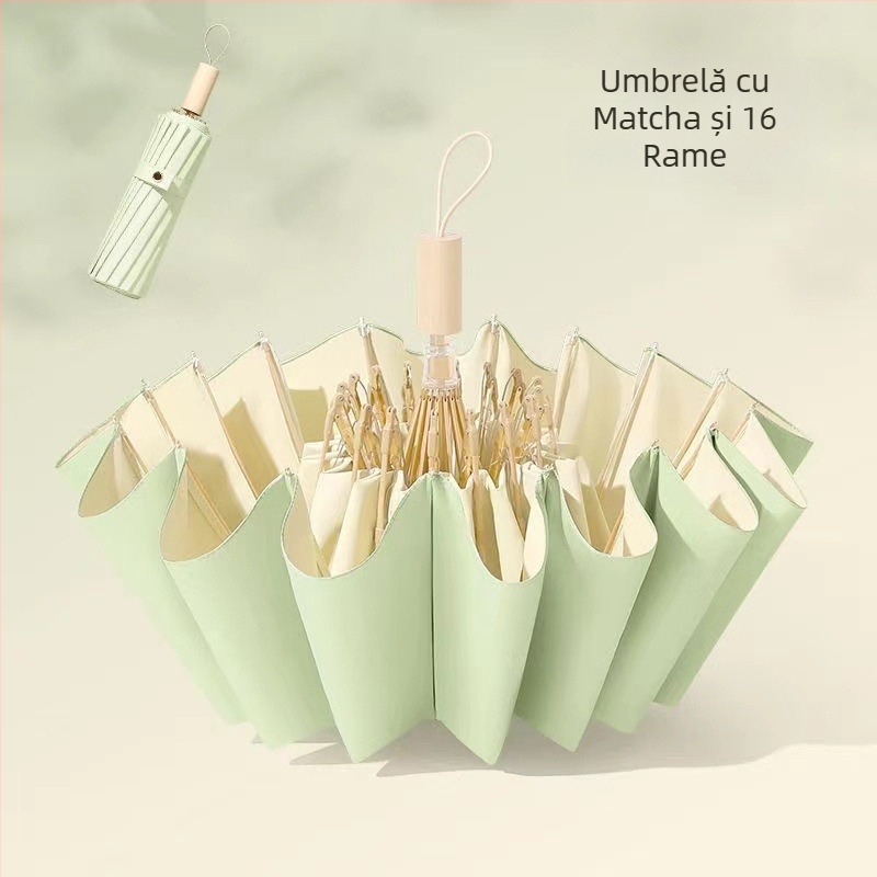 Umbrelă de soare cu 16 nervuri, rezistentă la vânt, design pliabil tri-fold, cadru din aluminiu, tijă din aliaj, mâner din lemn, țesătură 210T cu acoperire Color Glue, UPF 50+, deschidere/închidere manuală