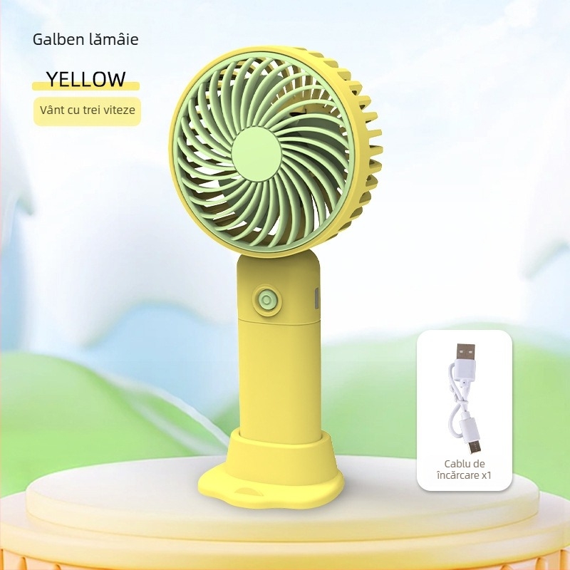 Ventilator mic de birou USB reîncărcabil, cu suport pentru telefon, 3 pale, 3 trepte de viteză, zgomot 36-45 dB