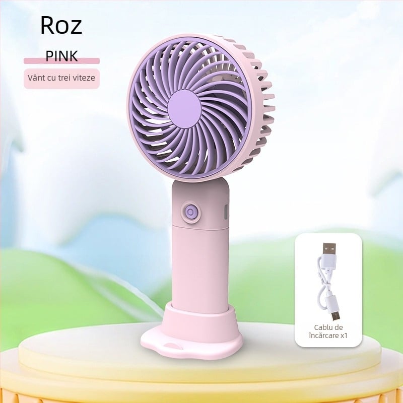 Ventilator mic de birou USB reîncărcabil, cu suport pentru telefon, 3 pale, 3 trepte de viteză, zgomot 36-45 dB