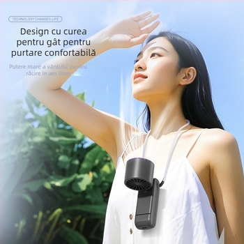 Ventilator portabil de răcire, pliabil, cu motor fără perii, 3.7V 5W, baterie Li‑ion reîncărcabilă 1200–2000 mAh, zgomot sub 36 dB, reglare fără trepte a vitezei, 250 g, dimensiuni 185×65×65 mm