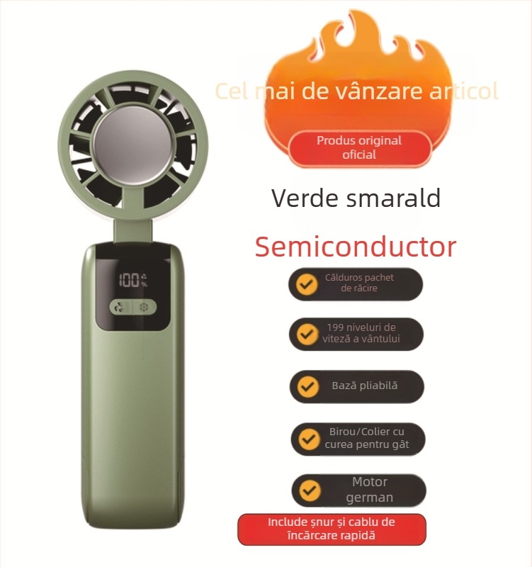 Ventilator portabil de răcire, pliabil, cu motor fără perii, 3.7V 5W, baterie Li‑ion reîncărcabilă 1200–2000 mAh, zgomot sub 36 dB, reglare fără trepte a vitezei, 250 g, dimensiuni 185×65×65 mm