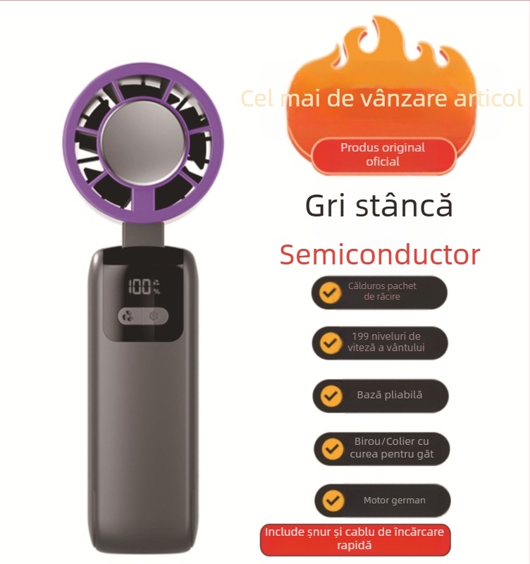 Ventilator portabil de răcire, pliabil, cu motor fără perii, 3.7V 5W, baterie Li‑ion reîncărcabilă 1200–2000 mAh, zgomot sub 36 dB, reglare fără trepte a vitezei, 250 g, dimensiuni 185×65×65 mm