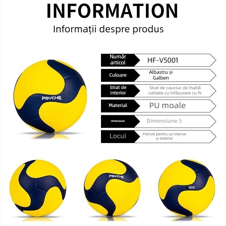 PSYCHE Volei Indoor Nr.5 – Dur, PU material, cusături cu adeziv, model V5001 (Brand: PSYCHE, Material: PU, Tip: Volei interior de competiție, Specificații: Nr.5, Cod: V5001)