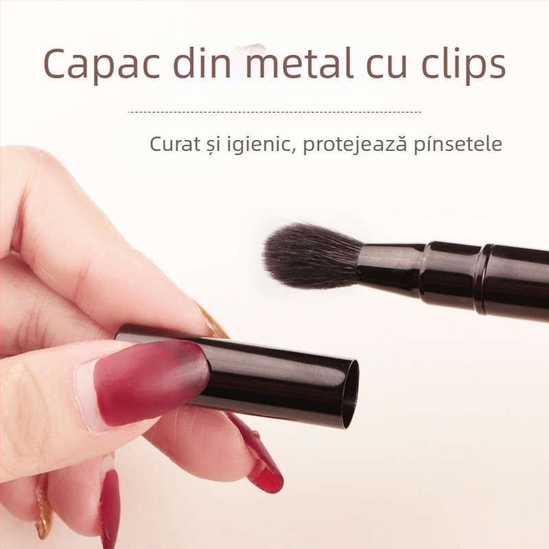 Pensulă de machiaj cu capete duble telescopic, fibre artificiale, mâner din aluminiu, lungime totală 147 mm, lungimea părului 7–17 mm
