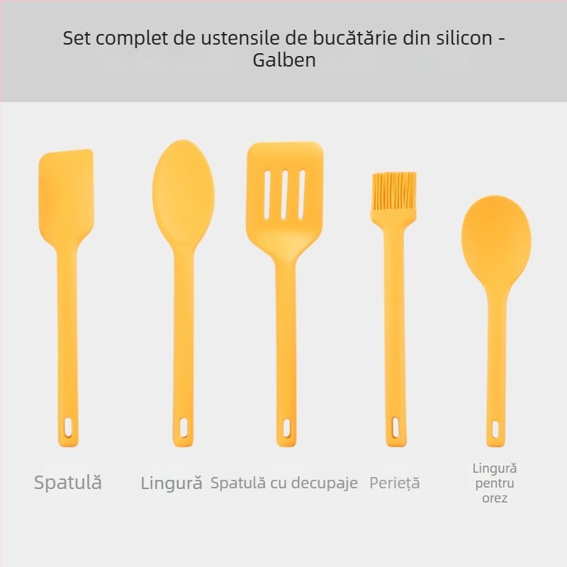 Kit silicon bucătărie: lingură-spatulă din silicon – antiadeziv, rezistent la temperaturi înalte, anti-alunecare, protecție împotriva arsurilor; mâner cu corp din silicon și nucleu din nailon