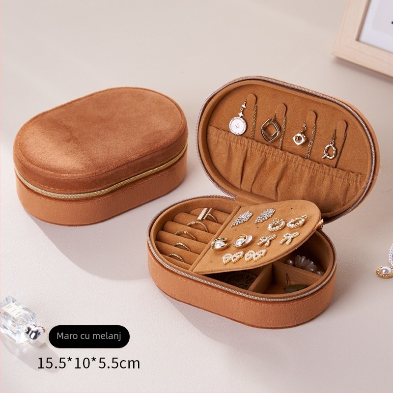 Cutie de bijuterii ovală din velur – pentru lanțuri, cercei și inele; stil coreean, construcție rigidă