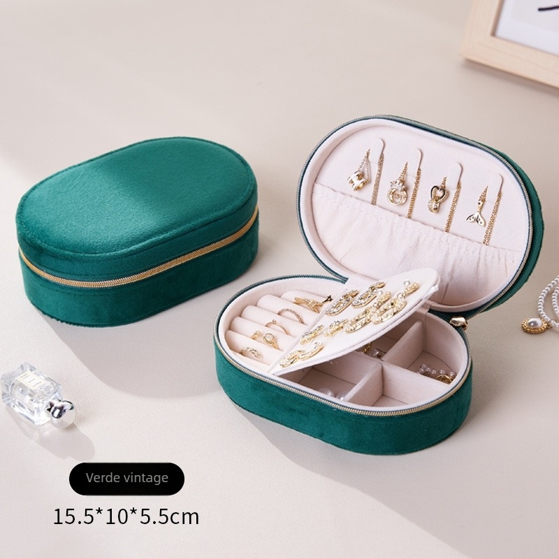 Cutie de bijuterii ovală din velur – pentru lanțuri, cercei și inele; stil coreean, construcție rigidă