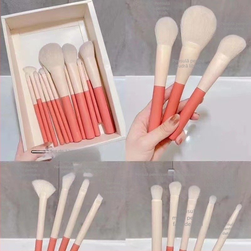 Set de 12 pensule de machiaj, periile din fibre artificiale, mânere din plastic, design portabil, lungime totală 14,5 cm