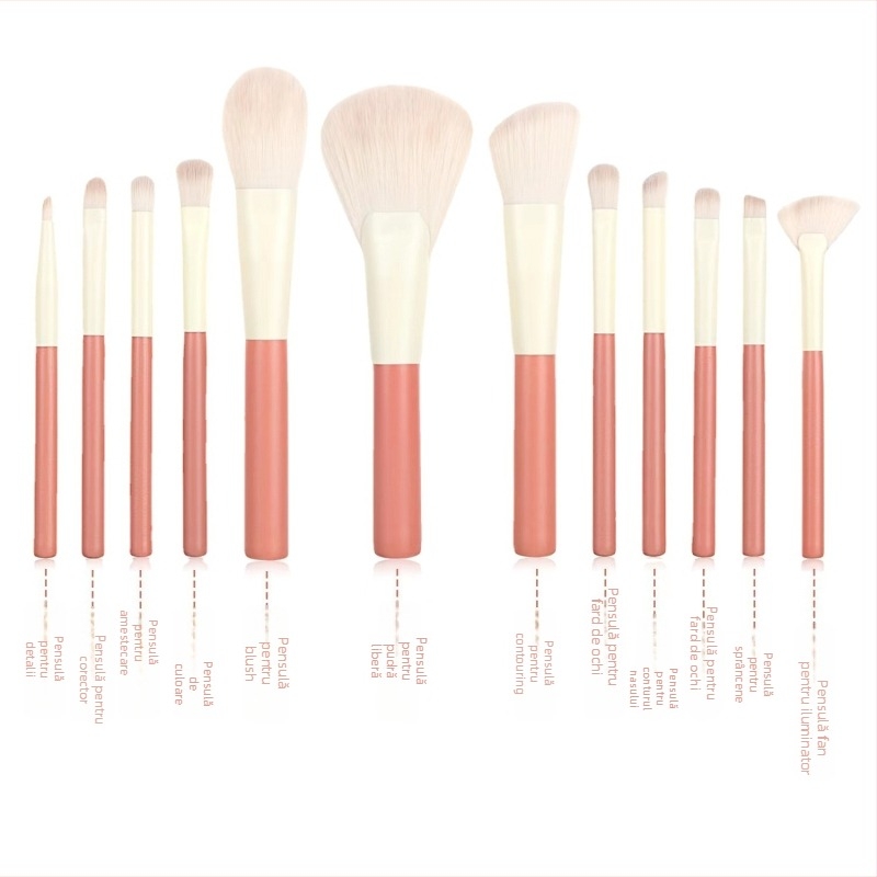 Set de 12 pensule de machiaj, periile din fibre artificiale, mânere din plastic, design portabil, lungime totală 14,5 cm