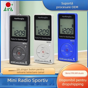 Radio mini sport cu două benzi FM/AM, afișaj digital, pedometru, USB, baterie litiu — HRD-602
