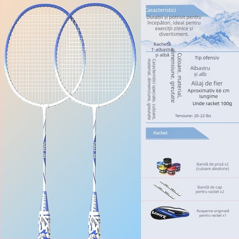 Set rachete badminton – ramă din aliaj de fier, șiruri din nailon, lovire directă, set pentru simplu și dublu, pentru începători