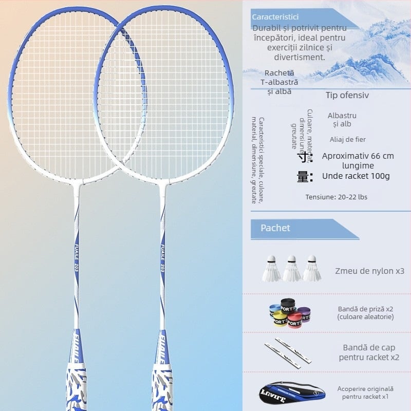 Set rachete badminton – ramă din aliaj de fier, șiruri din nailon, lovire directă, set pentru simplu și dublu, pentru începători