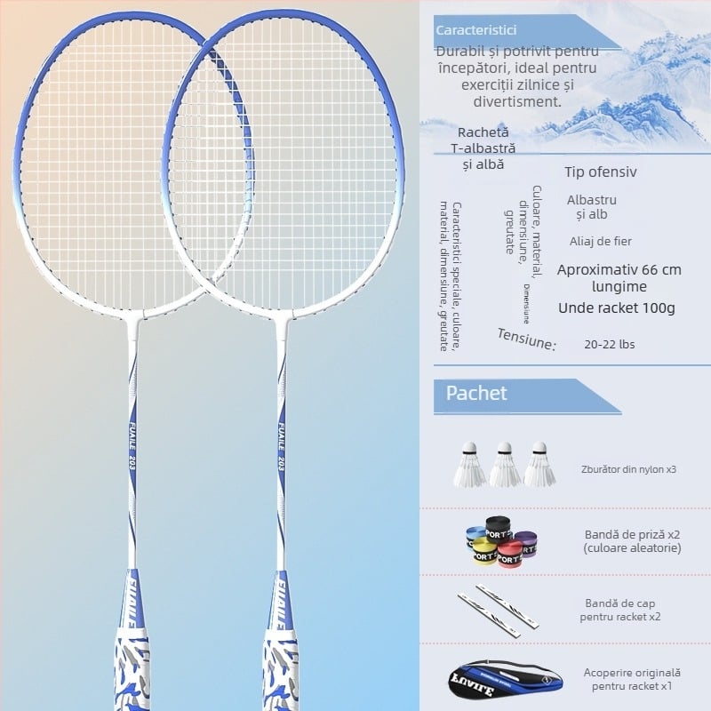 Set rachete badminton – ramă din aliaj de fier, șiruri din nailon, lovire directă, set pentru simplu și dublu, pentru începători