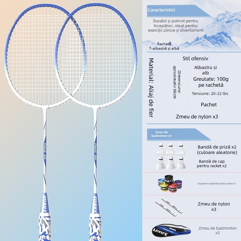Set rachete badminton – ramă din aliaj de fier, șiruri din nailon, lovire directă, set pentru simplu și dublu, pentru începători